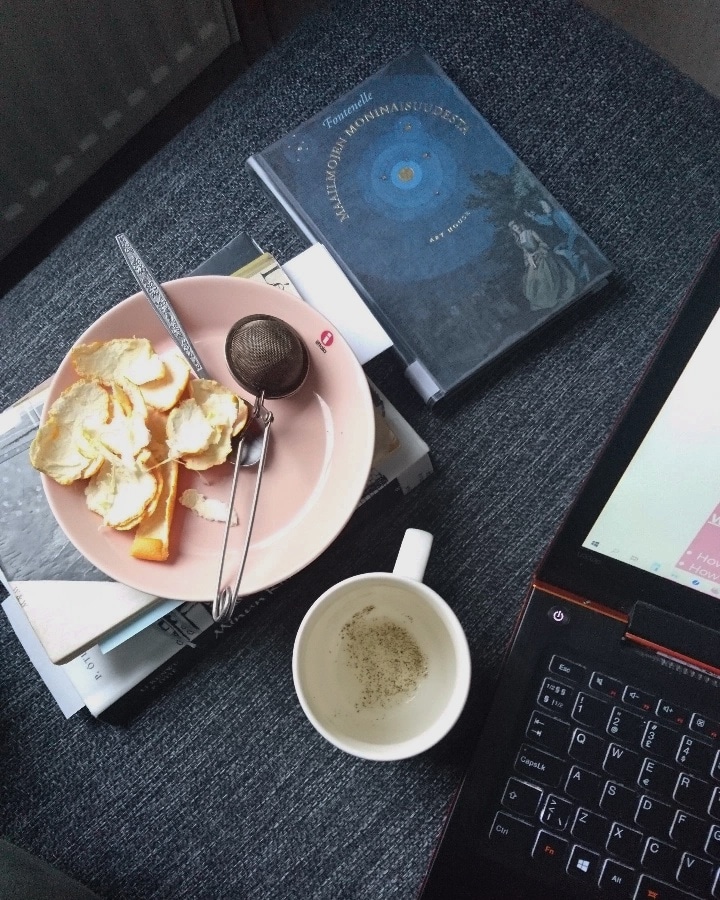 A flatlay photo: books, orange peels on a pale pink plate, an empty cup of tea and one corner of an open laptop on a gray sofa.